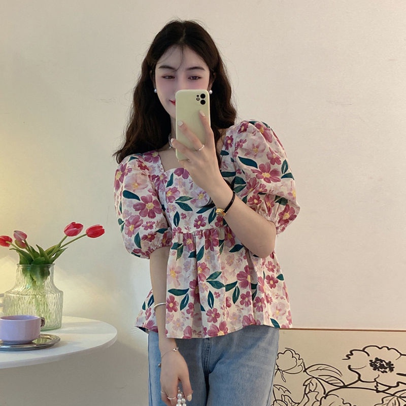 Áo Kiểu babydoll Cổ Vuông Tay Phồng In Họa Tiết Hoa Thời Trang Mùa Hè Cho Nữ 2022
