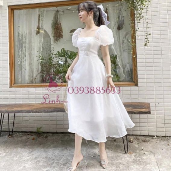 Váy trắng dự tiệc tiểu thư tay phồng cổ vuông | BigBuy360 - bigbuy360.vn