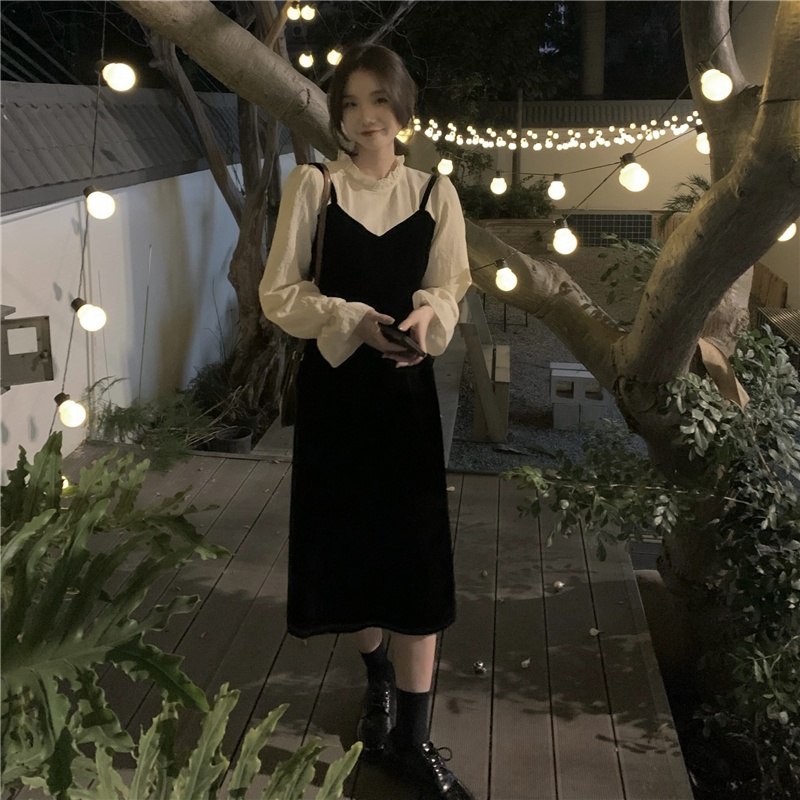 Đầm nhung chữ A cổ tròn dài tay hai lớp phong cách cổ điển 48375