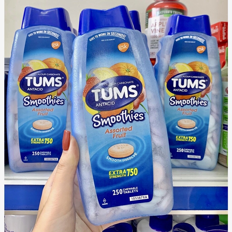 🍓🍒 Viên nhai hỗ trợ Tiêu Hoá Tums Smoothies Assorted Fruit 250 viên của Mỹ🍉🍇