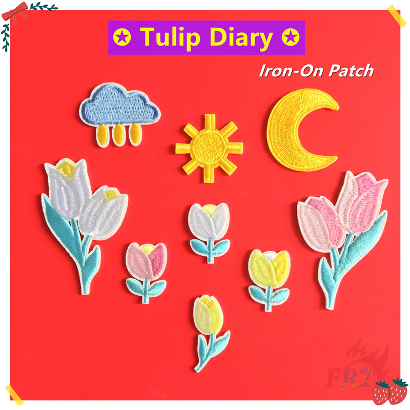 1 Sticker Ủi Thêu Hình Hoa Tulip / Mặt Trời / Mặt Trăng / Đen