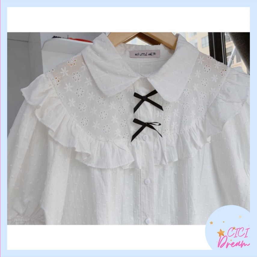 Áo sơ mi nữ trắng dài tay đính nơ cổ đứng babydoll bo chun, Áo sơ mi nữ trắng dài tay bồng cổ buộc nơ siêu xinh