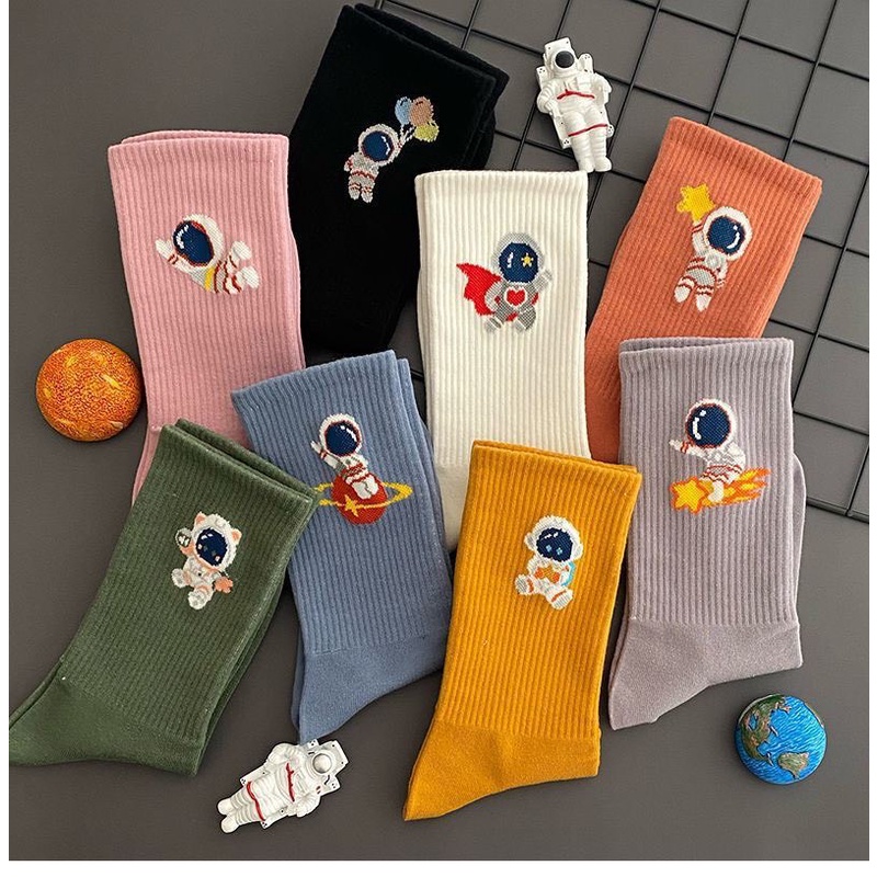 Tất Vớ Dài Cô Cao Nam Nữ Màu Trơn Có Thêu Hình Phi Hành Gia vải cotton mềm mại thấm hút,