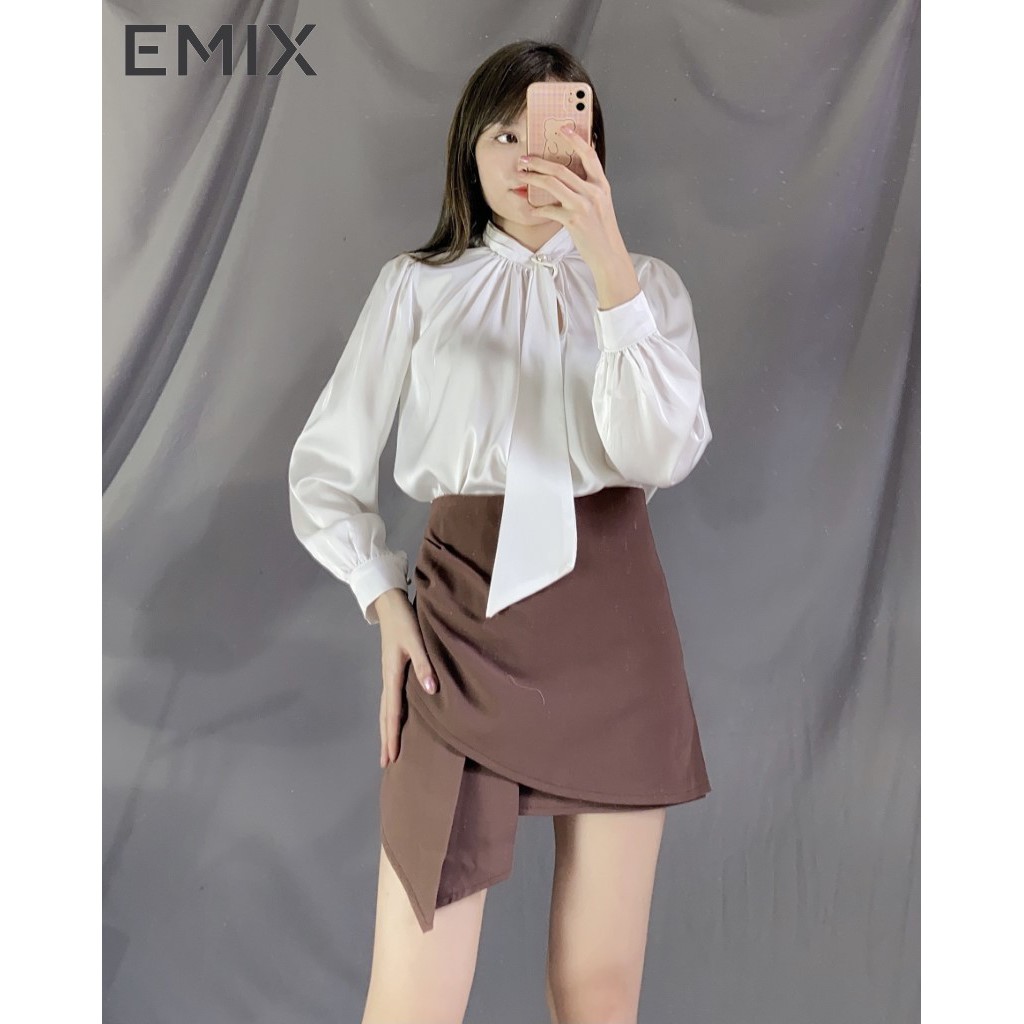 Set áo sơ mi nữ chất lụa phối nơ dài tay mix chân váy ngắn dáng chữ A vạt chéo họa tiết EMIX năng động | BigBuy360 - bigbuy360.vn
