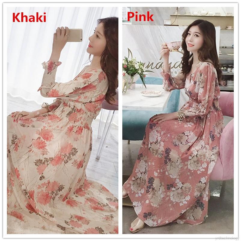 Đầm tay dài hoạ tiết hoa thiết kế cổ chữ V nữ tính | BigBuy360 - bigbuy360.vn