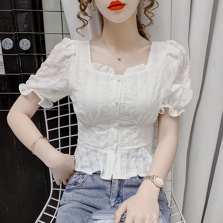 Áo Sơ Mi Chiffon Tay Ngắn Phồng Cổ Vuông Phong Cách Pháp Thời Trang Mùa Hè Mới Cho Nữ