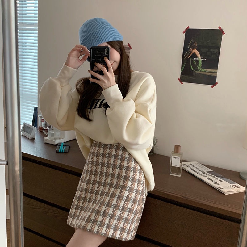 Set áo hoodie dài tay và chân váy tweed họa tiết sọc caro kiểu Hàn trẻ trung (có bán lẻ)