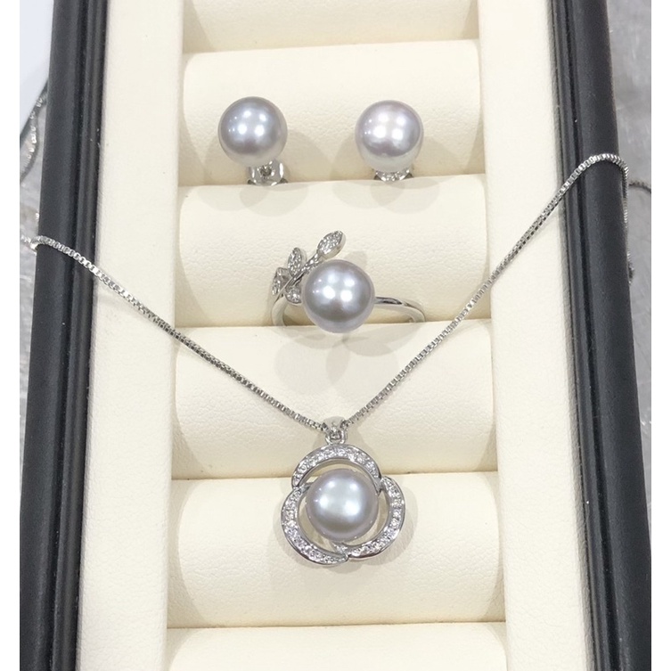 Bộ trang sức bạc S925 ngọc trai nhân tạo màu xám 9 ly