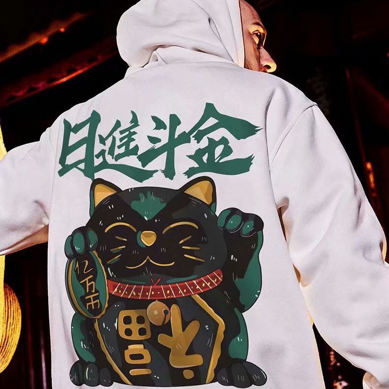 Áo Hoodie Tay Dài In Hình Mèo May Mắn Phong Cách Trung Hoa Size M-5Xl Cho Cặp Đôi