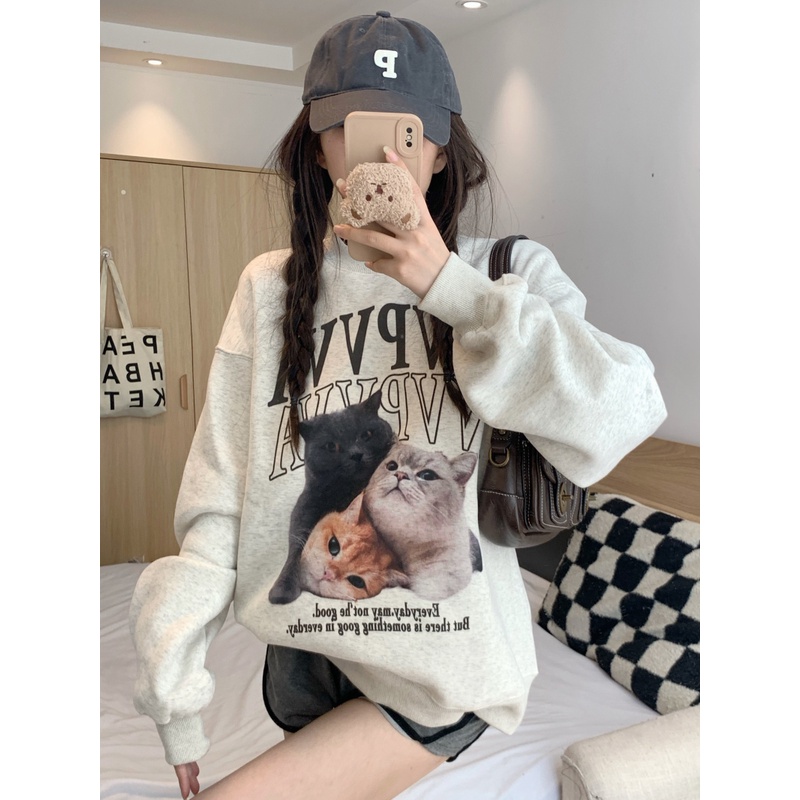 Áo Sweater Cổ Tròn Tay Dài Dáng Rộng In Họa Tiết Kiểu Retro Mỹ Xinh Xắn Cho Nữ