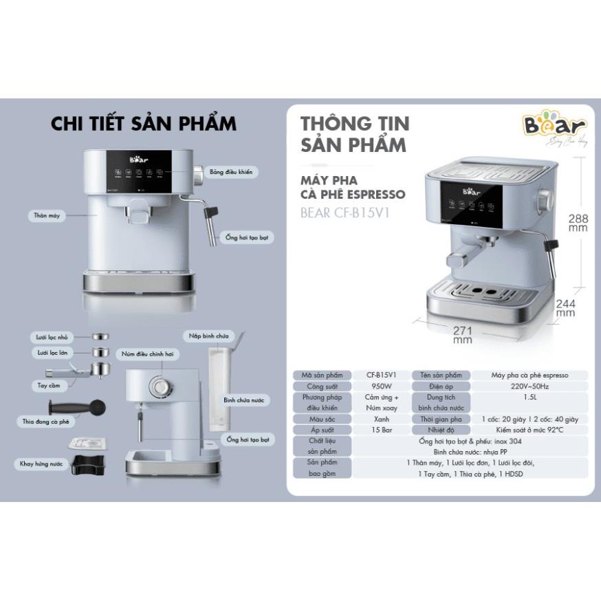 Máy pha cà phê Bear KFJ-A15L1/ CF B15V1 1.5L tự động, pha coffe Espresso, trà, tạo bọt ,chất liệu cao cấp, BH 18 tháng