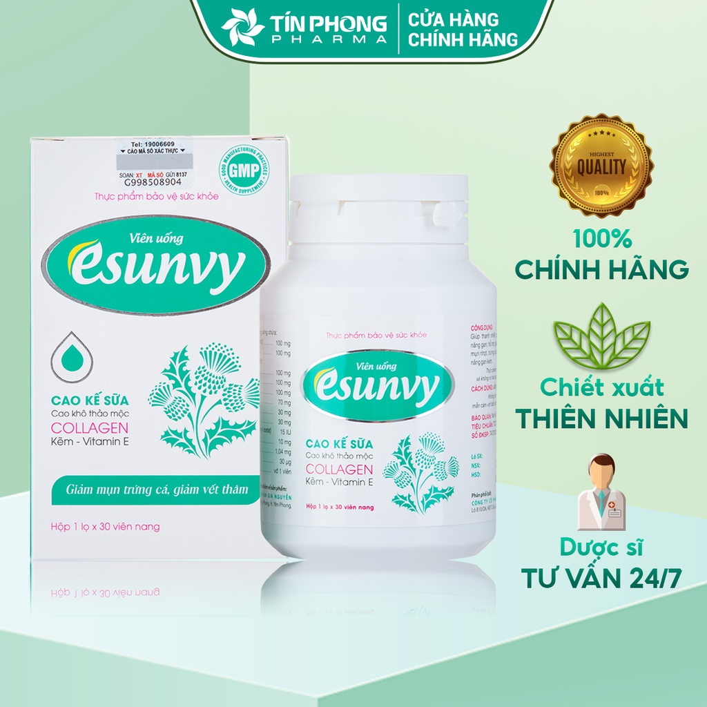 Viên Uống Giảm Mụn Esunvy Giúp Sáng Da, Ngừa Thâm và Điều Tiết Bã Nhờn, Thanh Nhiệt, Chiết Xuất Thiên Nhiên Hộp 30 Viên