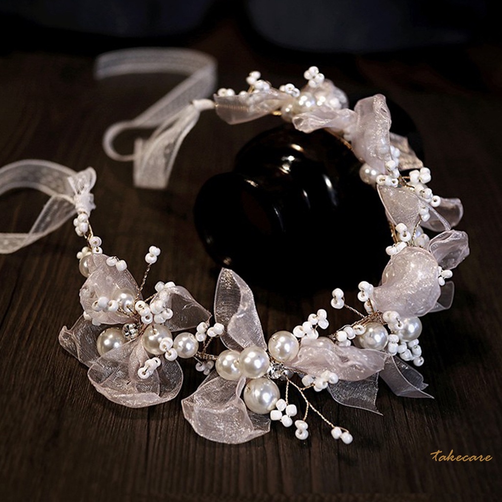 Elegant Pearl Headband Pink Flower Sweet Bridal Wedding Hairwear Charming Jewelry Gifts for Women