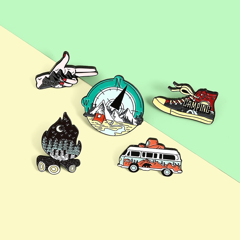 Wild adventure Enamel Pins Go Hiking OutdoorsShoe Bonfire Compass Brooches Badges Fashion Jewelry Gifts Wholesale