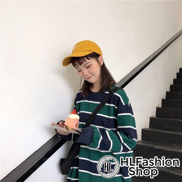 Áo thun Tay dài Oversize Sọc Đen Xám &amp; Đen Xanh
