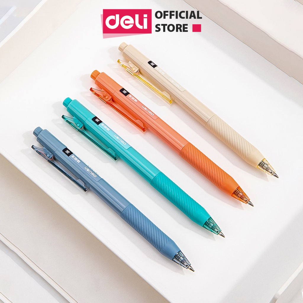 Bút bi gel bấm mực đen cao cấp Deli 0,5mm học sinh văn phòng, ngòi viết trơn tru mực ra đều, nhiều màu sắc