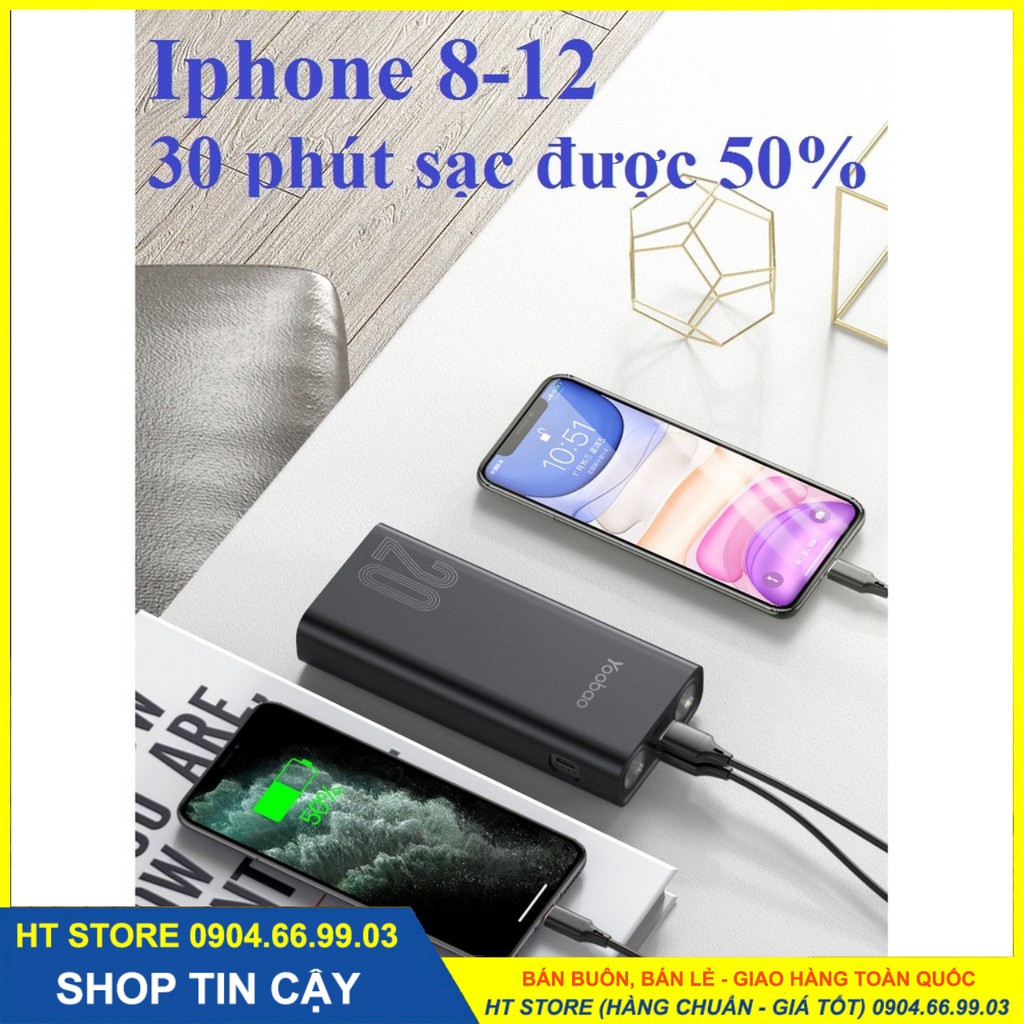 Sạc dự phòng Yoobao 20000mAh dung lượng cao, tính hợp đèn pin siêu sáng - Chính hãng