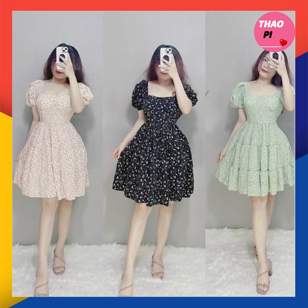 Váy suông hoa nhí tay bồng cổ vuông mút ngực siêu xinh bầu bì bon chen hình thật