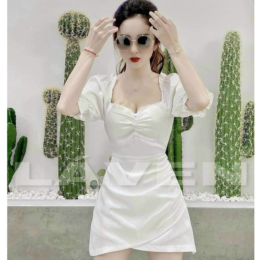Đầm Trắng Dự Tiệc Sang Trọng, Đầm Cổ Vuông Tay Phồng Thiết Kế Dáng Ôm Tôn Dáng Cho Nàng Thời Trang Nữ Xm Minh Phúc