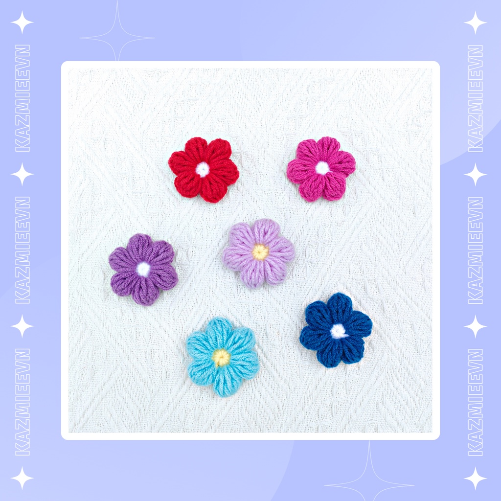 Hoa len trang trí, pin/ghim cài áo, balo handmade hoa 6 cánh