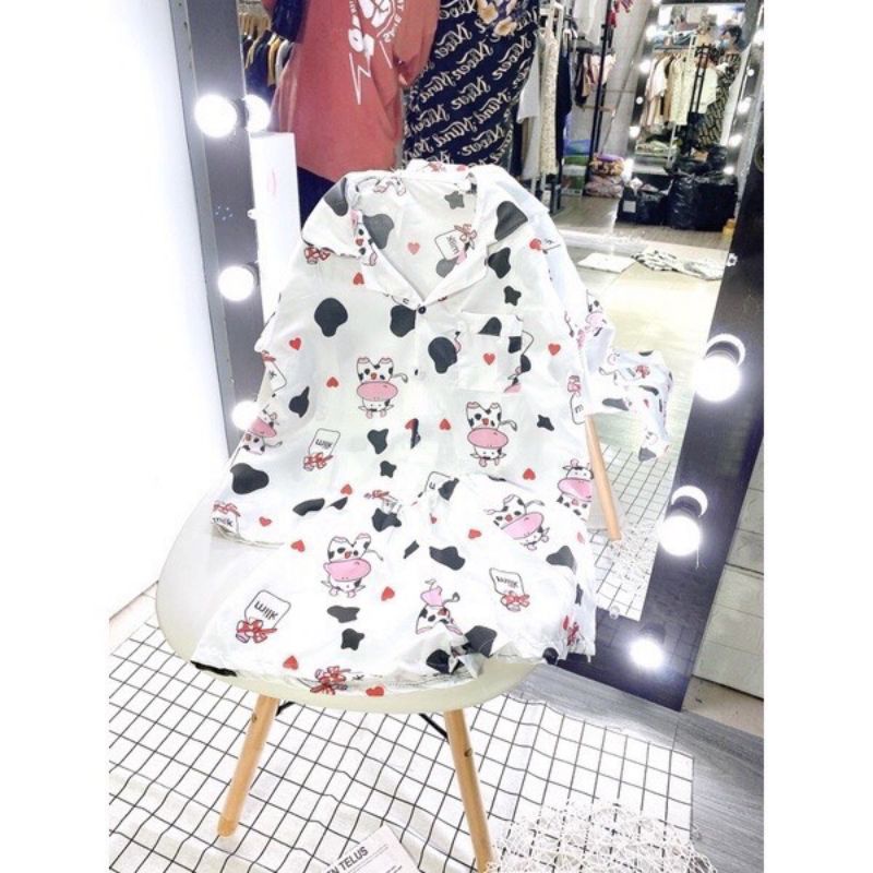 Bộ Pizama Ngắn Tay - Bộ Ngủ Bò Sữa Ulzzang Cute Hot Trend 2021