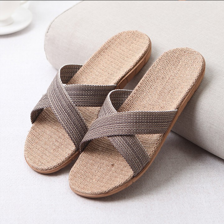 Dép cói nam quai chéo nâu đen