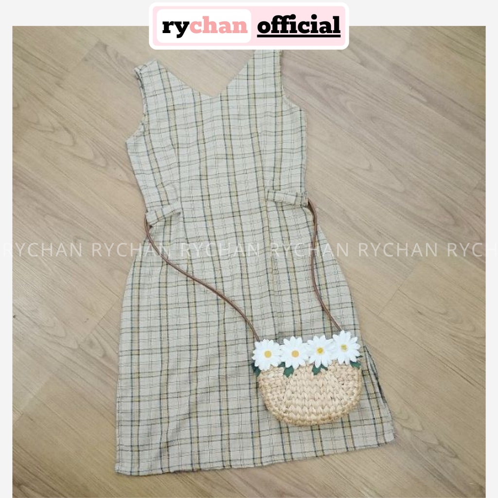 Đầm Nữ Đi Biển Sọc Kẻ Cổ V Không Tay Cực Tươi Mát, Đầm Nữ XInh Cực Retro Vintage Màu Vàng [ẢNH THẬT CUỐI] - DX9805
