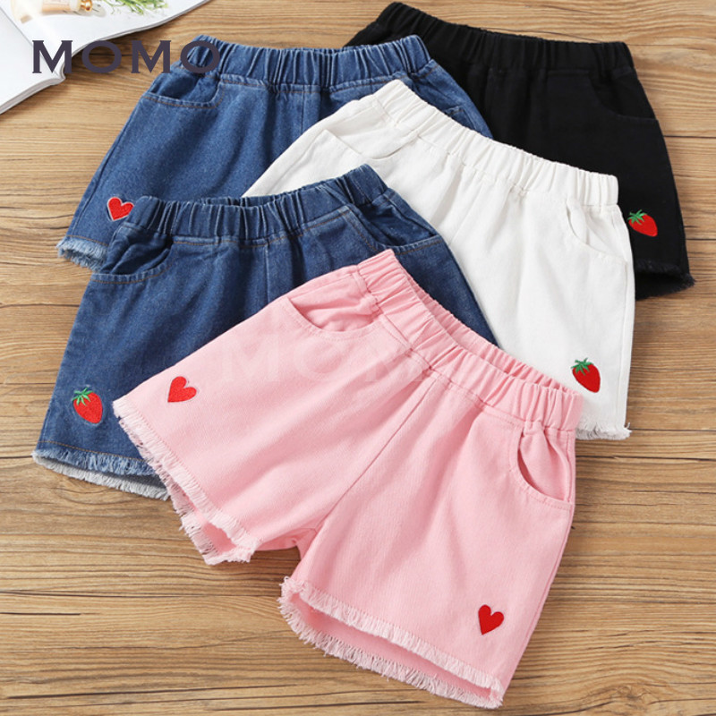 (3-16 Years Old) Children's Fashionable Embroidered Cartoon Denim Shorts Girls' Ripped White All-Matching Outdoor Hot Pants