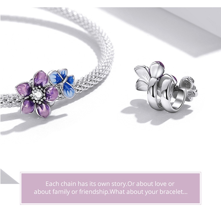 Hạt phụ kiện Bamoer SCC2094 bằng bạc 925 hình bông hoa và bươm bướm làm vòng tay DIY thời trang