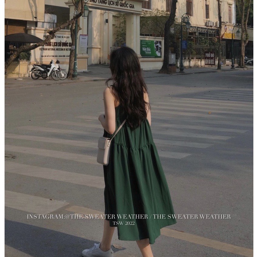 Váy hai dây dáng xòe 3 tầng dây chỉnh được màu xanh hottrend vanmiushop