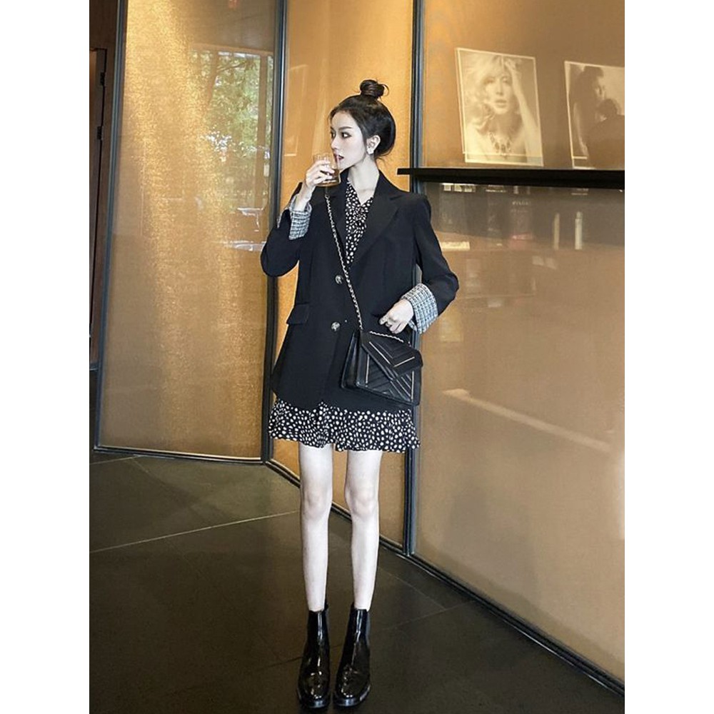 Set Áo Blazer Đen Phối Tay Kẻ Dory&Pony + Đầm Voan Tôn Dáng LADIES SUIT TREND - AK106 - D171