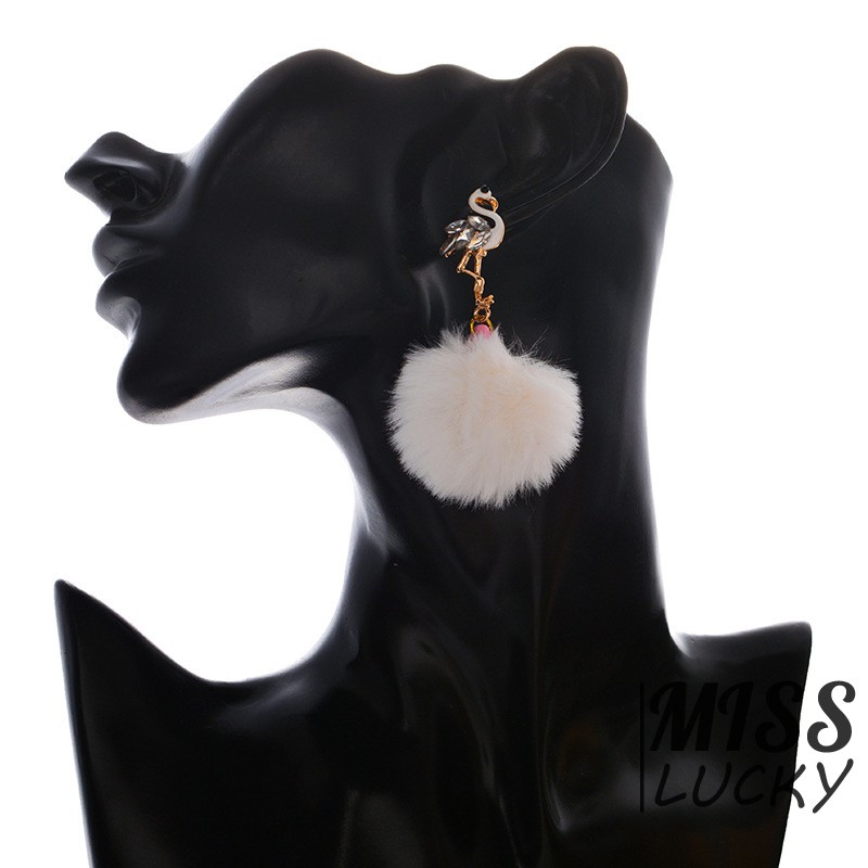❤HHN-VN Women Drop Earrings Cute Flamingo Pompon Animal Fake Fur Ball Lady Dangle Earring Jewelry Ac