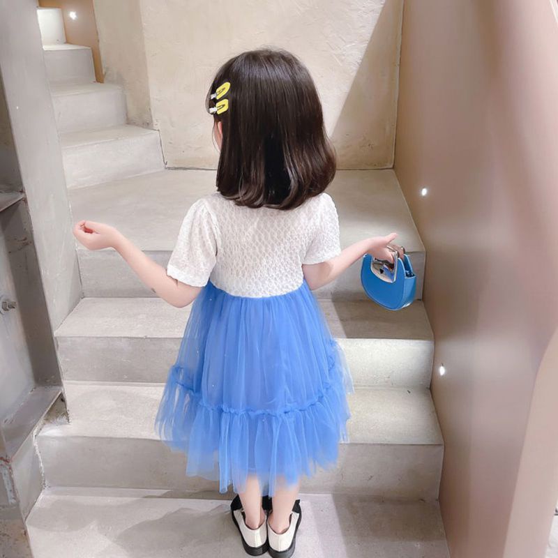 Đầm Công Chúa Tay Ngắn Phối Ren Giả Hai Lớp Thời Trang Mùa Hè Cho Bé Gái