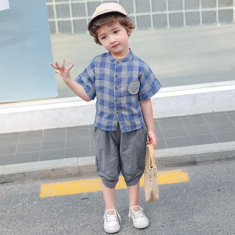 Áo sơ mi caro tay ngắn + quần short thời trang cho bé trai