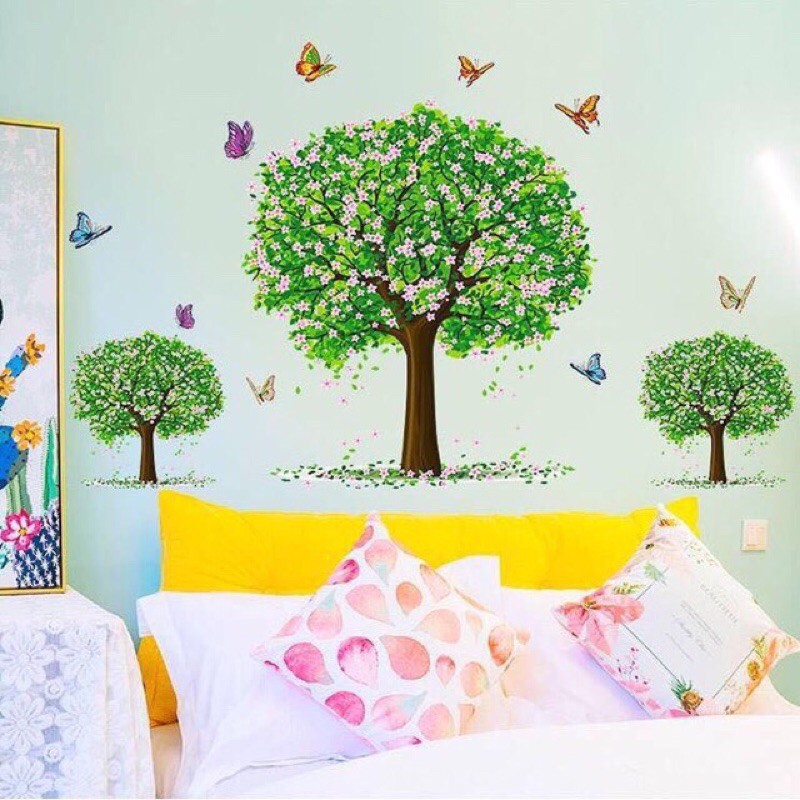 Decal giấy dán tường 3 cây xanh hoa và bướm trang trí nhà, phòng khách
