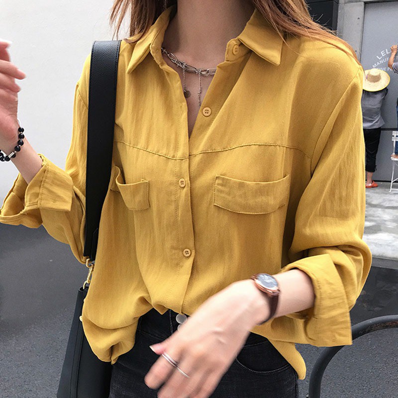 Áo kiểu cổ bẻ tay dài phối nút thiết kế dáng rộng cho nữ