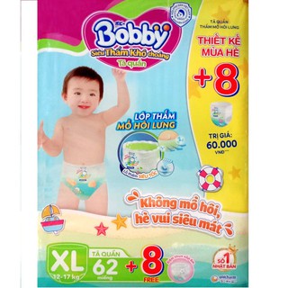 (Cộng 8 miếng)Bỉm Bobby tã quần quần M74+8,L68+8,XL62+8,XXL56+8....mẫu mới