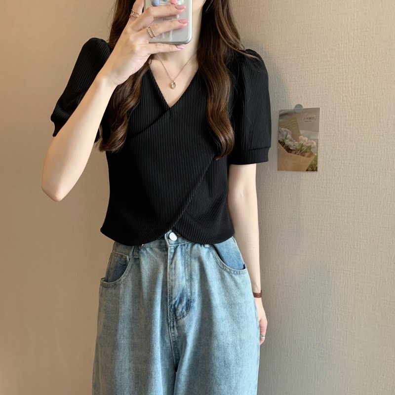 【ZHELIHANGFEI】 / feel Áo Thun Dệt Kim Tay Ngắn Cổ Chữ V Đan Chéo