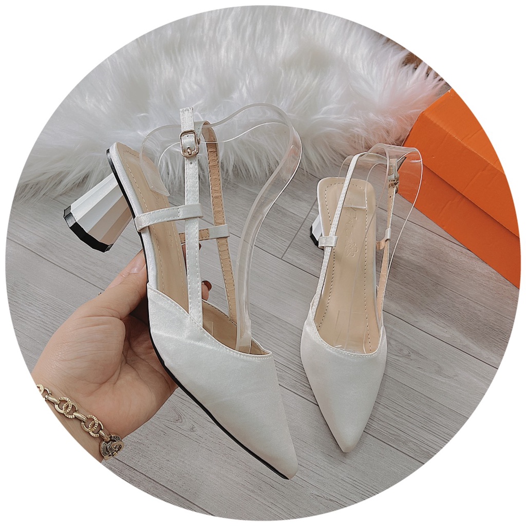 GIÀY SANDAL BÍT MŨI CÔNG SỞ MŨI NHỌN GÓT TRỤ 5P QUAI HẬU CHẤT LỤA BÓNG HOT HIT- ẢNH CHỤP THẬT