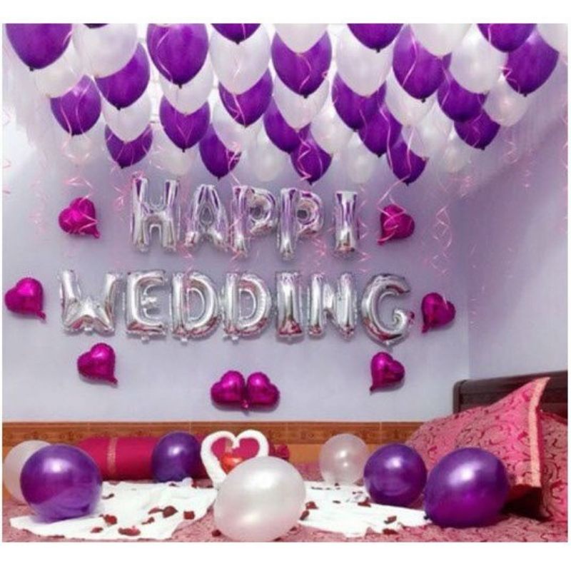 [ TẶNG QUÀ ] Set bóng happy wedding tone tím trắng ( TẶNG BƠM+ BĂNG KEO + RUY BĂNG )