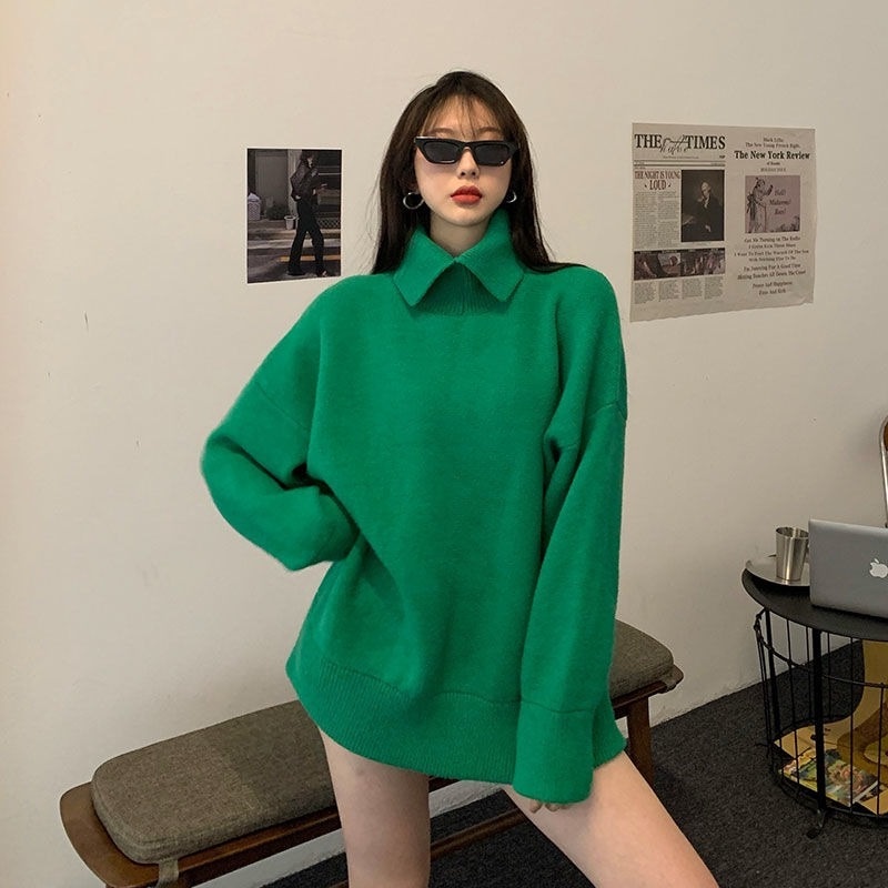 Áo len dày cổ cao dáng rộng thiết kế mới thời trang thu đông cho nữ