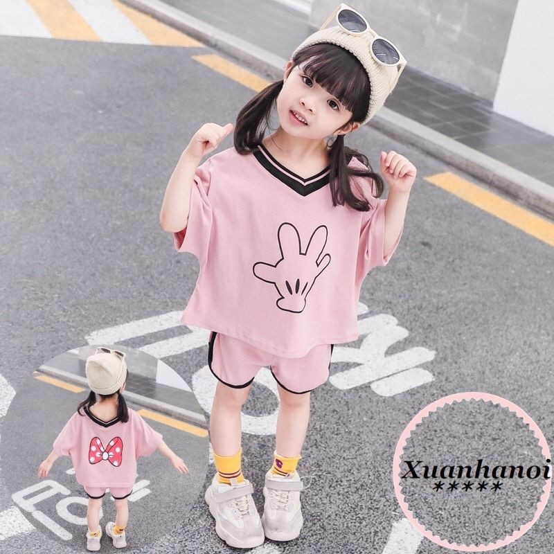 Bộ cotton đũi bàn tay nơ mickey mầu hồng đất XHN554