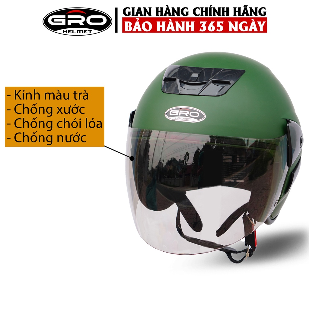 Mũ Bảo Hiểm 3/4 đầu GRO Helmet V2 có kính, kiểu dáng trẻ trung cho nam và nữ, khóa kim loại chắc chắn - Xanh Lục Quân