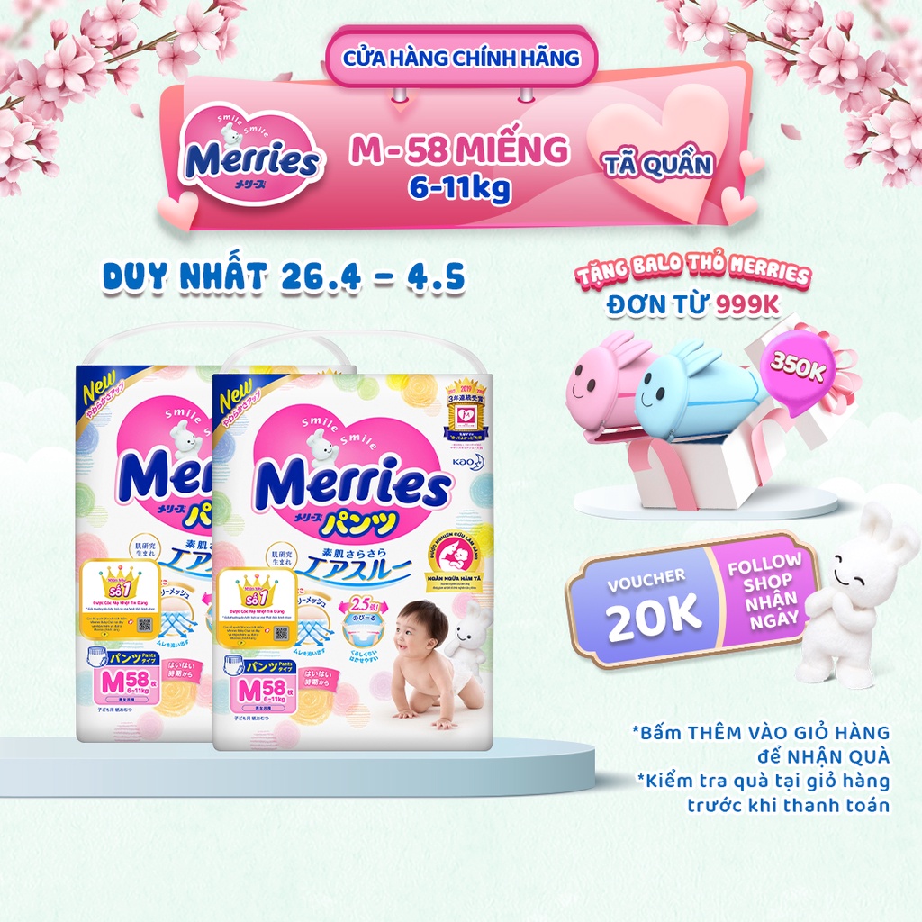 [Mã FMCGMALL -8% đơn 250k] Combo 2 Tã/bỉm quần Merries size M 58 miếng (Cho bé 6 11kg)