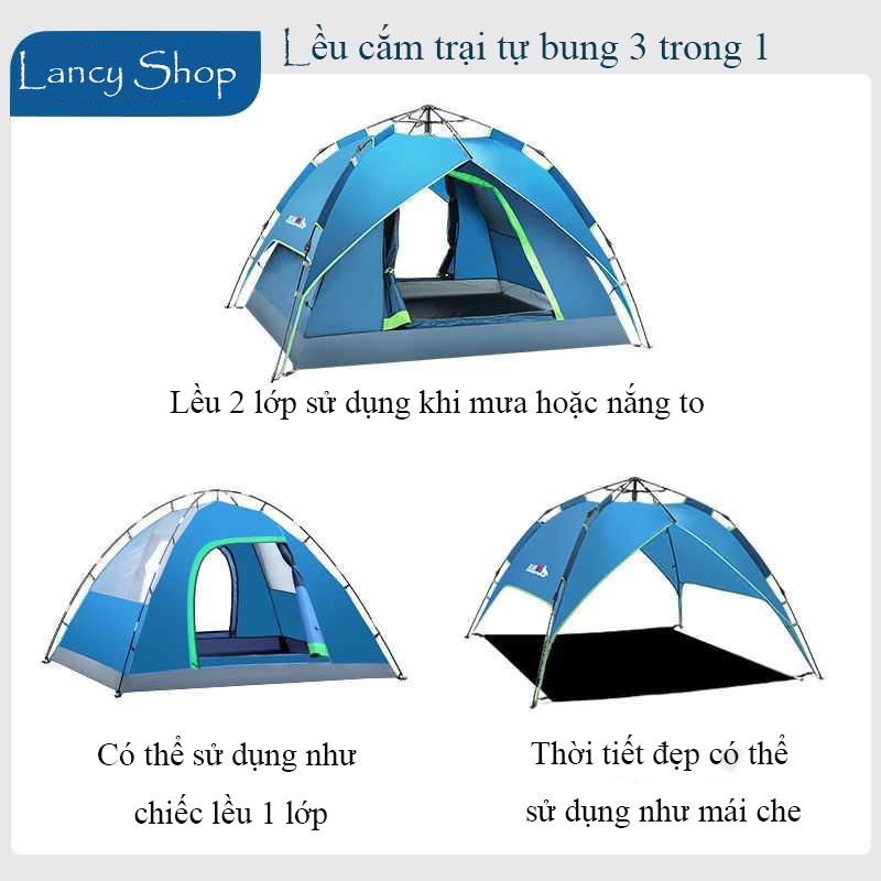 LỀU CẮM TRẠI DÃ NGOẠI DU LỊCH NGOÀI TRỜI TỰ BUNG 2 LỚP 3 TRONG 1 CÓ CỬA THÔNG THOÁNG CƠ LỚN CHỐNG MƯA CHỐNG NẮNG vt160