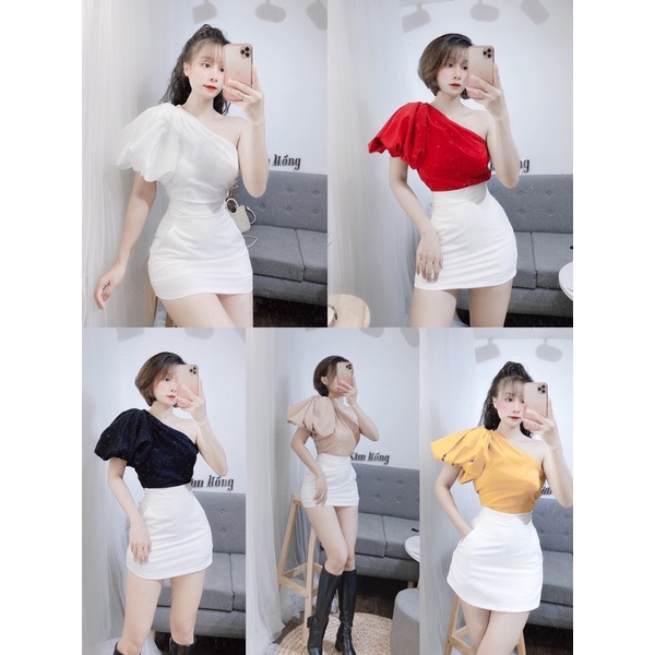 Áo Croptop lệch vai tay phồng Mã 341 (Ảnh shop chụp 100%)