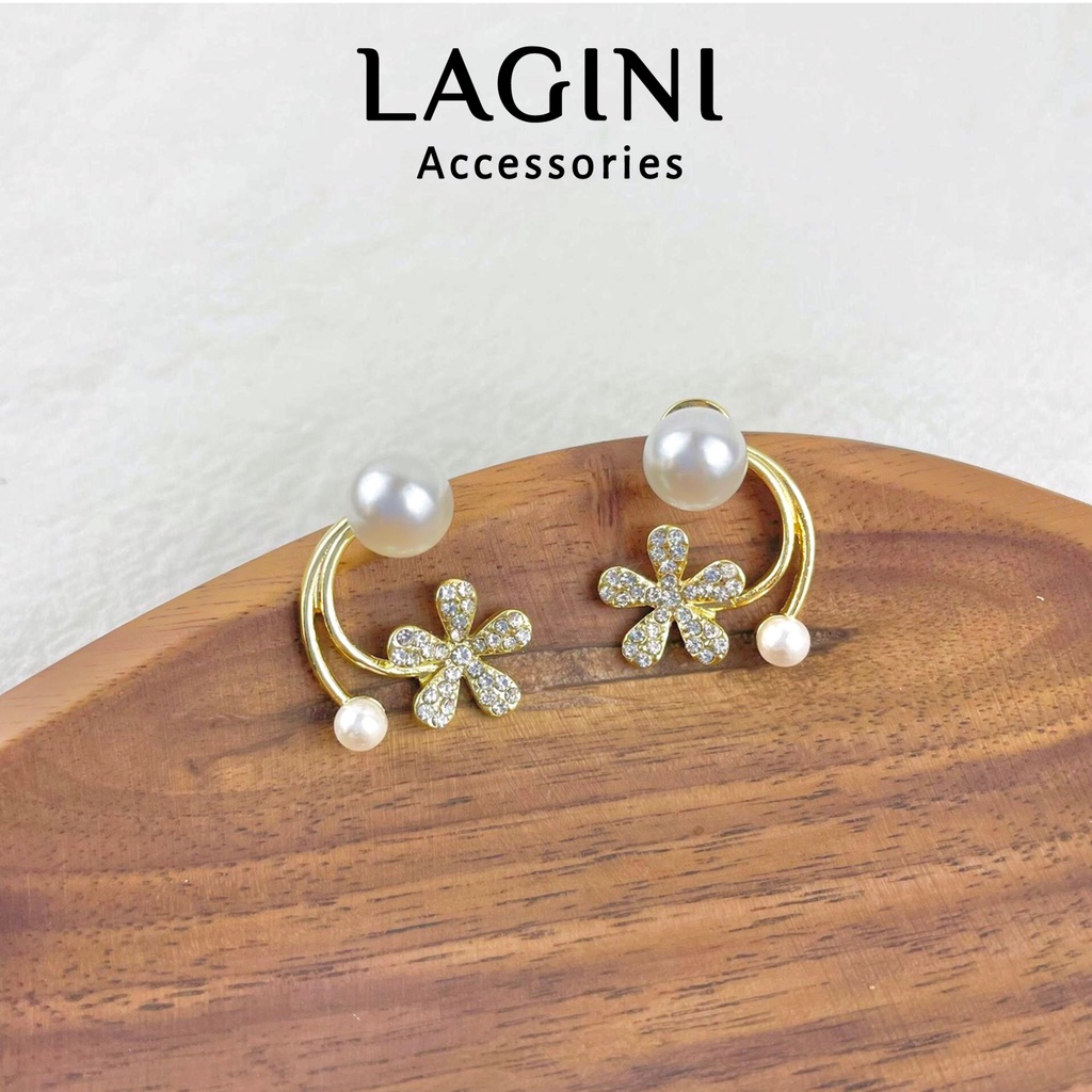 Bông tai ôm vành hoa đính đá chuôi bạc Lagini trẻ trung cho nữ phong cách Hàn Quốc