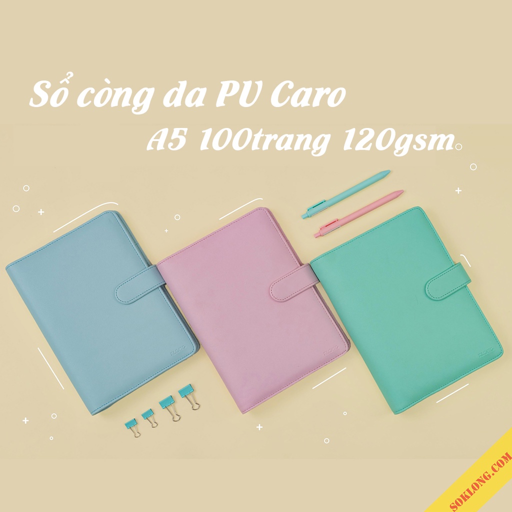 Sổ còng bìa da PU Caro 5x5 A5 100 trang Klong MS 992 Sổ binder bullet journal màu Pastel dễ refill giấy