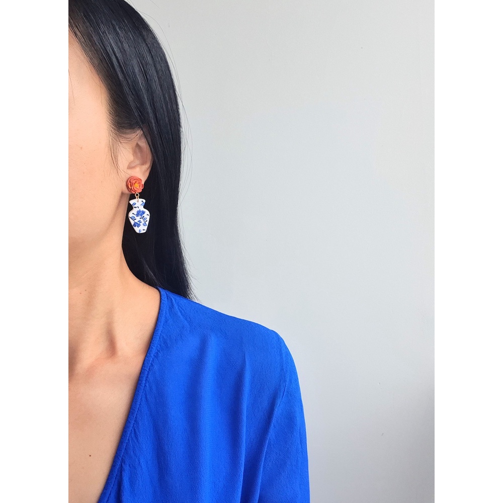 Bông tai gốm sứ xanh | Trang sức khuyên tai thủ công đất sét polymer | LAM Jewelry