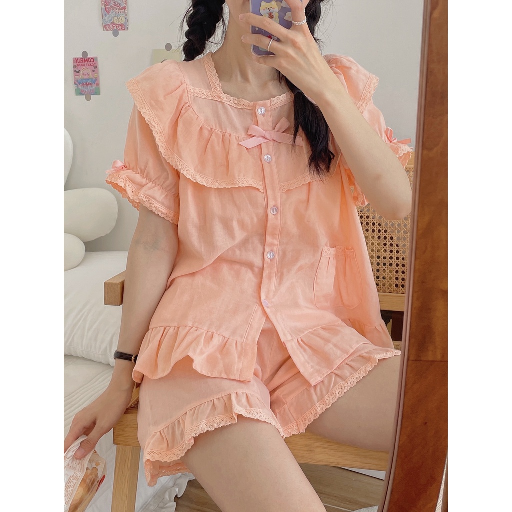 Set bộ đũi cổ vuông phối ren tay loe tiểu thư